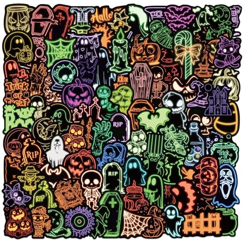 Pack of 100 Neon Halloween Stickers for Skateboard, Computer, Snowboard, Car, Bicycle, Laptop, Motorcycle, Cool Horror Kawaii Waterproof Vinyl Decal, Adult Children Gift, Aesthetic Graffiti Stickers