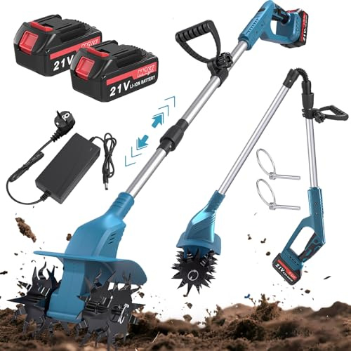 Akku Bodenhacke,21V Faltbar Gartenfräse mit 20cm Arbeitsbreite,16cm Arbeitstiefe,4 Hackmesser,360RPM Elektrischer Motorhacke mit 2×3.0Ah Akkus,Bodenhacke Elektrisch für Garten und Rasen