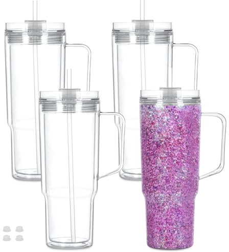 Cosictic 40 OZ Mehrweg Acryl-Schneekugel-Tumbler mit Griff und vorgebohrtem Loch, 1182ml, Kunststoff-Doppelwandiger Schneekugel-Tumbler mit klarem Deckel und Trinkhalm, (4 Stück)