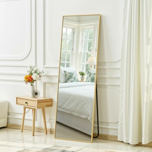 Clevich Standspiegel 162 x 53 cm, Groß Wandspiegel Ganzkörperspiegel mit Aluminiumrahmen, Anlehn- oder Hängespiegel für Wohnzimmer, Schlafzimmer, Eingangsbereich, Gold