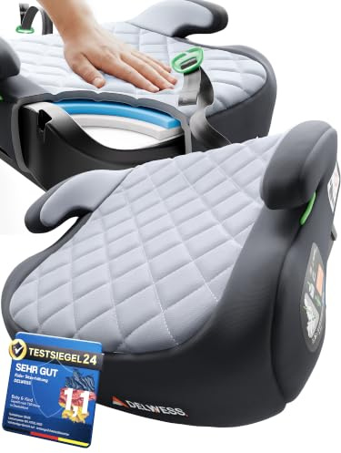 DELWESS Sitzerhöhung Auto Kinder, Kindersitz ISOFIX, 125–150 cm - Grau | Premium Kindersitzerhöhung, 3-Schicht-Komfort mit Memory Foam, ECE R129 geprüft, Kindersitz 15–36 kg, Leicht waschbar