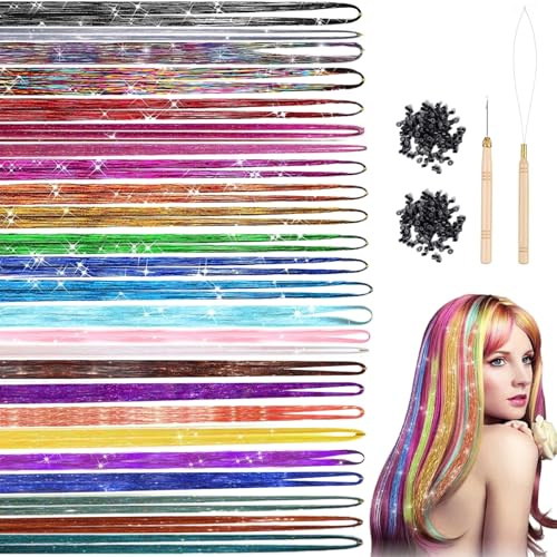 LUFFLOK Kit de 25 Colores de Paillettes Extensiones para Pelo | Trenzador de Pelo 120cm con Herramientas 5000 Mechas Brillantes de Accesorios para Pelo para Mujeres Niñas Niños (25 Colors)
