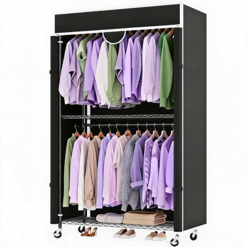 Aptliton Schwerlast Faltschrank Mit Rollen 115x45x202 cm, Kohlenstoffstahl Kleiderschrank Schwarz Freistehend, Stoffschrank Mit Kleiderstange Und 2 Ablagen, Garderobe Hohe Belastbarkeit Metallrahmen