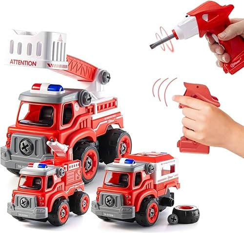 Top Race Firetruck Toy with Battery-Powered Drill – Heavy-Duty 3-in-1 Take-Apart Truck and Remote Control – Easy-to-Assemble Firetruck Toy for Kids