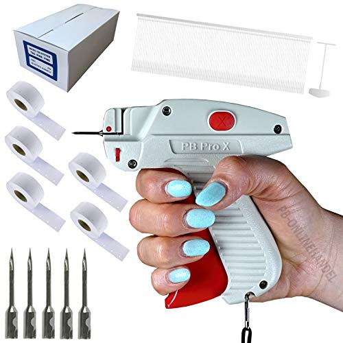Etikettierpistole PB PRO Fein Set 7: 10.000 Fäden, 5 Nadeln | Micro-Heftfaden, Kartonetiketten 30x40mm auf Rolle, 5 Ersatznadeln, Fadenlänge 25mm