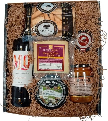 Lote económico gourmet con Vino Montequinto, patés Iberitos, queso, aceitunas y picos Deliex para regalar en cualquier ocasión