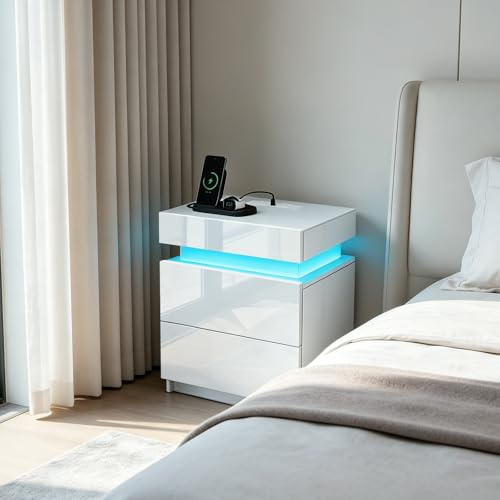 White Bedside Table with Charging Station LED Lights 2 Drawers Flip Top | High Gloss Front, 16 Colour RGB Lighting, Adjustable Brightness, Hidden Storage Compartment, Modern Space Saving Design