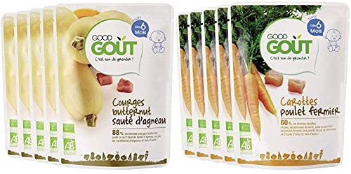 Good Goût - BIO - Courges butternut sauté d'agneau dès 6 mois 190 g - Lot de 5 & BIO - Carottes Poulet dès 6 mois 190 g - Lot de 5