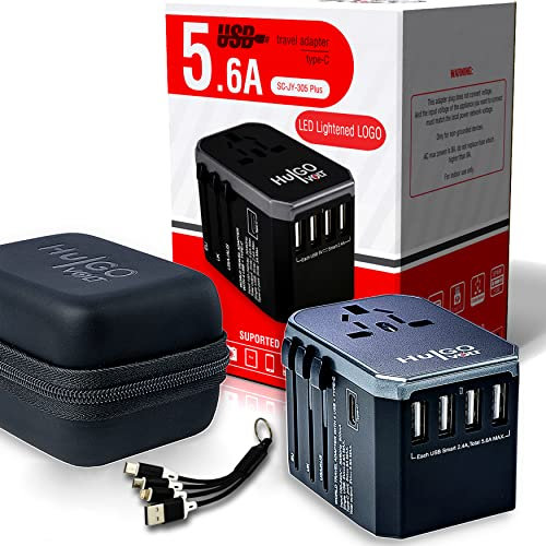 Universal Travel Adapter Worldwide All in One, UK to European Plug Adapter - 5.6A Multi USB Charger + 3.0A Type-C, AC Power Plug Travel Essentials - International Travel Plug Adaptor 200+ Countries