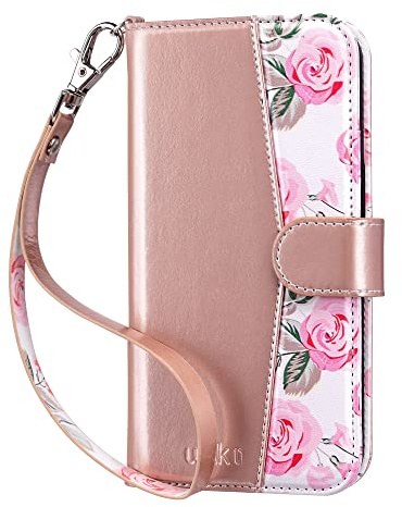 ULAK Cover compatibile con iPhone 13, a portafoglio, in pelle, con porta carta, funzione di supporto, per donna e ragazza, progettata per iPhone 13 6,1 pollici, oro rosa fiore