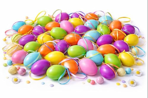 KAMACA 96er Set Bunte Ostereier aus Kunststoff zum Aufhängen – Ø 4 cm – Wetterfeste Osterdeko Außen & Innen – Kunststoffeier in Pastell zum Bemalen & Basteln – Deko für Osterstrauch & Garten