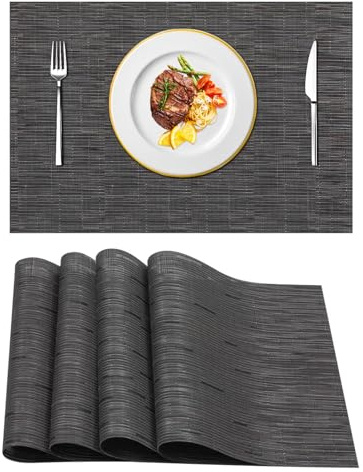Manteles Individuales PVC 4 Piezas, Negro, Lavables 45 × 30 cm | PVC y poliéster, lavables, antideslizantes y resistentes al calor para cocina, comedor y uso diario