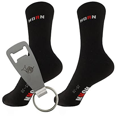 mugesh Geschenkset Musiker - Socken mit Instrument und Flaschenöffner-Schlüsselanhänger (39-42, Horn)