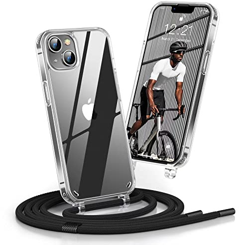 Poslocu Handykette iPhone 13/iPhone 14 Hülle mit Band | Handyhülle mit Kette zum Umhängen | Hülle Transparent mit Metall Verschlüsse | Schutzhülle Necklace Case mit Einstellbar Kordel - Schwarz