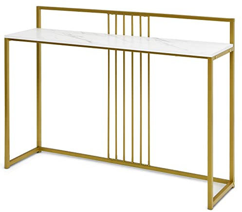GYMAX Console e Tavoli da Divano, con Aste rinforzate, Struttura in Metallo, Compatto e Stretto per Salvasapzio, Mobiletto Portaoggetti per Soggiorno e Ingresso, 120x32,5x88 cm, Bianco e Oro
