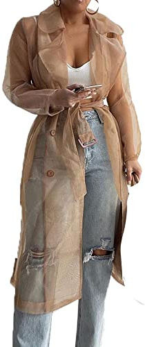 SOMTHRON Women's Sheer Mesh Long Sleeve Jacket Summer See Through Belted Button Down Lightweight Cardigan KH-M