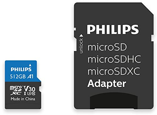 Philips Tarjeta SDXC de 512 GB + Adaptador SD UHS-I U3 Reads up to 100 MB/s A1 Fast App Performance V30 Memory Card for Smartphones, Tablet PC, Lector de Tarjetas