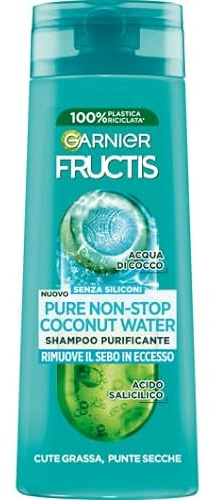 Garnier Fructis Shampoo Purificante, Per Capelli Cute Grassa e Punte Secche, Azione Seboregolatrice, Con Estratto di Acqua di Cocco e Acido Salicilico, Pure Non-Stop Cocconato Water, 250 ml