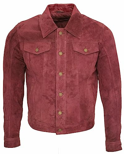 Truckerjacka för män, vardaglig jacka i getskinn, jeansjacka i mockaläder, herrjacka, Vinröd, XL