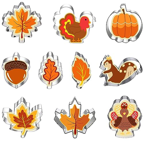 AWCIGG Set di 10 Formine per Biscotti di Autunno Stampini per Biscotti Ringraziamento Tagliabiscotti con Scoiattolo Acero Foglia Tacchino Zucca Ghianda Foglia