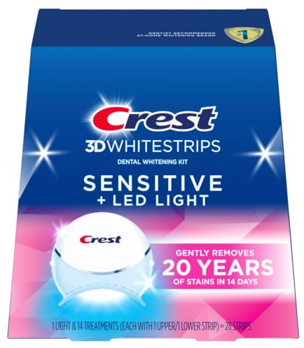 Crest 3D Whitestrips Sensitive & Gentle + LED Light – Teeth Whitening Kit, 1 Light + 14 Treatments, Each with 1 Upper/1Lower, 28 Strips – Crest 3DWhite Teeth Whitening Strips