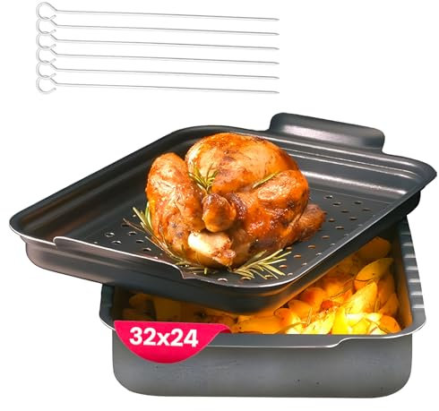 Avilia Rostiera con Griglia Doppio Effetto Pietra - Teglia da Forno con Griglia e Spiedini in Acciaio Inox - Antiaderente e 2 Livelli di Altezza - Teglia da Forno per Cucina Senza Grassi 32x24cm