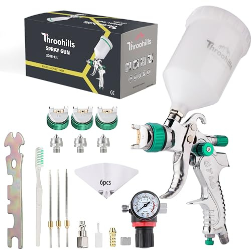 Throohills Professional HVLP Spray Gun, 1.4/1.7/2.0mm Nozzle HVLP High Atomization Flow Adjustable Pneumatic Gravity Spray Gun(Green)