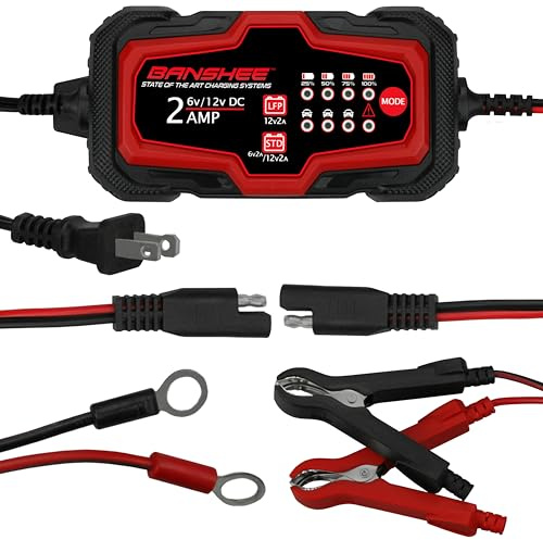 Banshee 2Amp Smart Battery Charger Maintainer 6V 12V Absorbent Glass Mat Lead Acid (AGM) Battery Trickle Charger Maintainer for Cars 4 Wheelers Motorcycles ATVs RVs Powersports