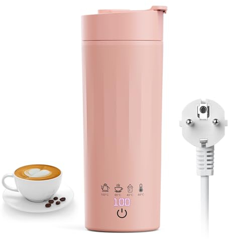 Flintronic Rosa Hervidor Agua Electrico, Doble Capa 304 Tanque Interior de Acero Inoxidable, 475ML Hervidor de Viaje, con Apagado Automático y Protección de Ebullición en Seco, para Leche, Café