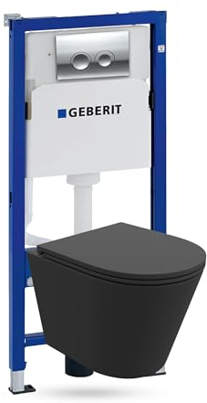 Lavita Duofix Basic Vorwandelement + Wand Tiefspül WC Galve Schwarz Spülrandlos + WC Sitz + Bedienplatte Delta 25 Verchromt Knopf Komplettset Unterputz Spülkasten Toilette Komplett Sett WC