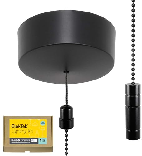 ElekTek UK Safety Approved Matt Black Bathroom Light Pull Switch Kit Black Cylinder Fob Handle + Chain, EN 60669-1 & CE Mark, Earth Terminal, 6A 250V, 1 or 2 Way, Wiring Instructions