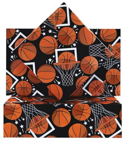 Carta da regalo per ragazzi e ragazze, motivo pallacanestro/basket su carta regalo nera, design a tema palla da calcio, per bambini, uomini, donne, compleanno, baby shower, vacanze