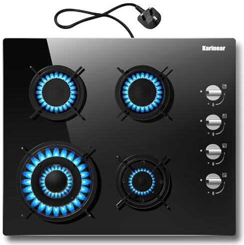 Karinear Gas Hob, 4 Burners Cas Hob with 13AMP Plug, Gas Hob 60cm Glass LPG/NG with Thermocouple Protection