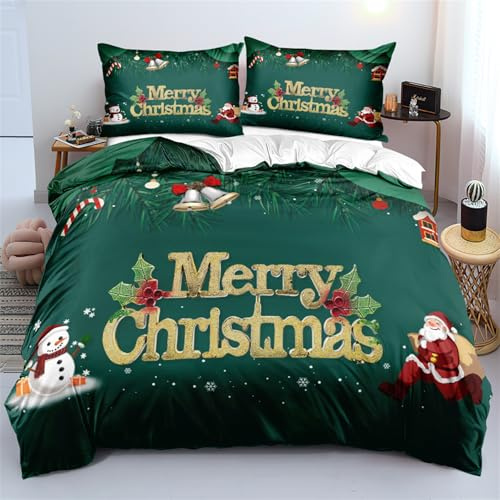 Gezu Bettwäsche Weihnachten 135x200 Dunkelgrün Rot Rentiere Schneeflocken Bettbezug mit Reißverschluss 2 Teilig Super Weich Microfaser Weihnachtsbettwäsche Set und Kissenbezug 80x80 cm