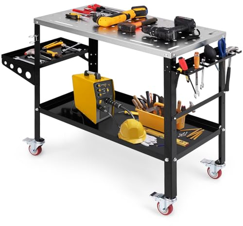 COSTWAY Table de Soudure Roulant 92 x 46 cm, Établi de Soudage avec 8 Trous pour Outils Trous de Fixation de 1,6 cm 2 Supports de Buses de Soudage, Support et Plateau à Outils Charge 540KG