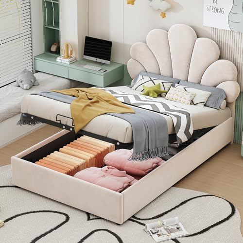 Sapgaks Lit Coffre 90x200 avec tête de lit Fleurie,Cadre de lit 90x200 avec sommier à Lattes,lit 1 Personnes avec Rangement,capitonné Adulte,Tissu Velours Doux pour la Peau,Beige