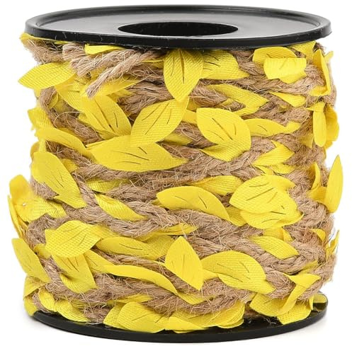 CABODYALS 10M 2mm Yellow Leaf Ribbon Artificial Leaves Jute Twine String Burlap Braid Cords Plant Rattan Rope Vine Trimming with Spool for Crafts Christmas Tree Wall Wedding Home Decor Diy Supply