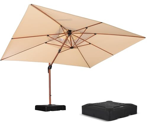 PURPLE LEAF Parasol Déporté 3 x 4 m Rectangulaire avec pied, Aspect du Teck en Aluminium, Parasol de Jardin Extérieur à Toit Double Rotatif 360°, Pour Terrasses, Restaurants, Beige