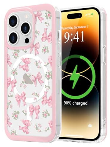 LCHULLE Cover per iPhone 14 Pro Max Magnetica Trasparente,Fiocco rosa | Compatibile con MagSafe,Custodia con Motivo Fragole o Fiocchi a Farfalla per Ragazze e Donne,Protettiva Silicone Case