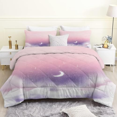 PNHCL Star Coverless Duvet King Size, Moon Soft Microfibre Quilt for All Seasons, Space Breathable Comforter for Adults Boys Girls Easy Care Bedding PX129