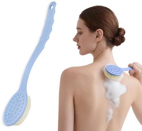 Shower Body Brush, Body Brushes Back Scrubbers Bath Dry Brush Mesh Sponge with Curved Long Handle for Men and Women (Blue)