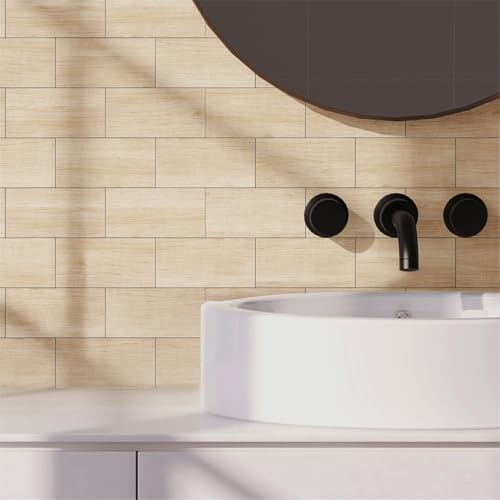 Piastrelle Adesive Pavimento Rettangolo Beige Pavimento Pvc Adesivo Rimovibile Piastrelle Adesive Cucina Bagno Impermeabile Paraschizzi Cucina Adesivo Adesivi Murali 10x20cm/32 Pcs