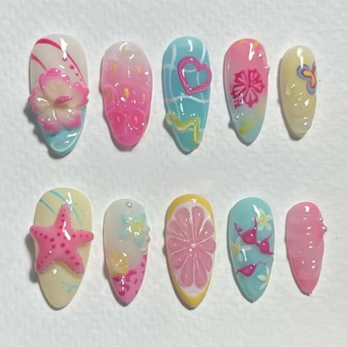 Summer 3D Tropical Floral & Fruit Almond False Nails in Pink Blue Yellow Cream - 24PCS Medium Length Press On Nail Tips with Sea Star Butterfly Pearl Designs and Accessory Tools for Women