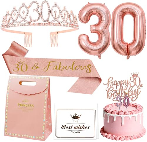 Geburtstagsdeko 30. Geburtstag Frau, Luftballon 30 Geburtstag | 30. Geburtstag Krone und Schärpe, 30 Geburtstag Deko Rosegold, 30. Geburtstagskrone, Tortendeko Geburtstag Kerze