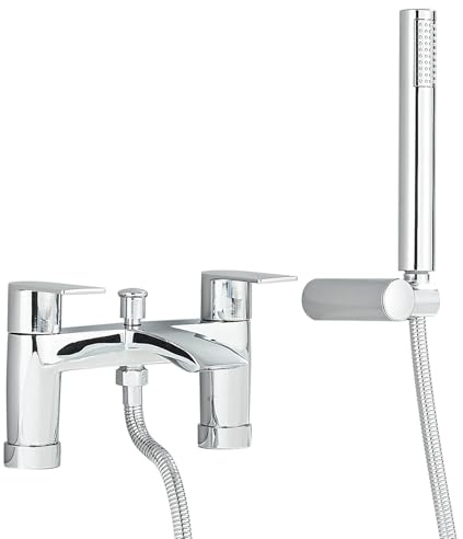JUNSOTTOR Bath Mixer Taps with Shower Attachment Bathroom Tub Filler Tap Dual Lever Mixers Mono Monobloc Two Holes Brass 2 in 1 Bathtub Faucet with Handheld Shower Modern Deck Mounted Chrome
