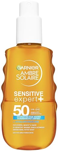 Garnier Ambre Solaire Sensitive Expert + Hydrating UV Water Sonnenschutzspray LSF 50 – Sonnen-Spray für Körper, Gesicht, Kopfhaut & Haare – Wasserfest, sandresistent & nicht fettend – 150ml