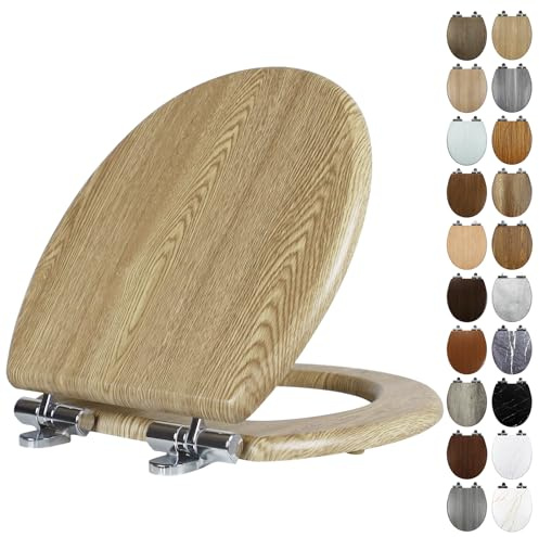 Fanmitrk Premium Oak Toilet Seat Wooden Soft Close, Heavy Duty O-Shape Toilet Seat with Adjustable Strong Zinc Alloy Hinges, Comfortable, Durable, Easy Cleaning (MF-Z2501)