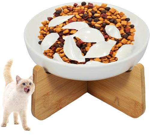 Anti-sling skål katt, keramik, utsprång, fiskform, antihusdjursskål, hund med trästativ, skokopp, våtmat, lutande design, halkfri för katter och små hundar (vit)