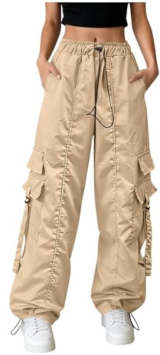 HUYTBYG Cargo fallskärmsbyxor kvinnor Y2K cargobyxor kvinnor hög midja promenadbyxor säckiga streetwear byxor vida ben hip hop byxor trendiga ankelspetsbyxor med användbara fickor, Khaki, XL