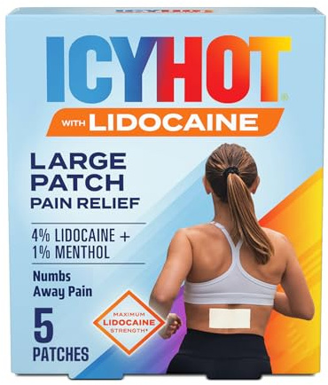 Icy Hot Lidocaine Pain Relief Patches, Numb Aggravated Nerves with Max Strength Lidocaine 4% and Menthol 1%, Fast-Acting Pain Relief for Minor Pain, Backaches, Sprains and Strains, 5 ct.